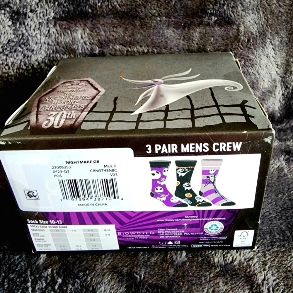 New Nightmare Before Christmas ZERO Men's 3-Pack of Crew Socks, Size 8-12